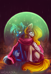 Size: 1280x1850 | Tagged: safe, artist:hagalazka, oc, oc only, pegasus, pony, unicorn, clothes, force field, forest, glasses, rain, scarf, shared clothing, shared scarf