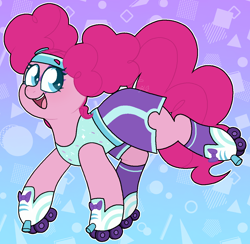 Size: 1206x1179 | Tagged: safe, artist:fluffytrashbin, pinkie pie, earth pony, pony, g4, clothes, female, open mouth, open smile, pinkie puffs, roller skates, smiling, solo