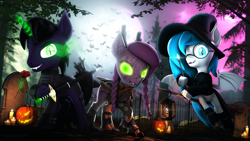 Size: 7680x4320 | Tagged: safe, artist:lagmanor, oc, oc only, oc:lagmanor amell, oc:wintergleam, oc:xenia amata, bat, bat pony, original species, pony, timber pony, timber wolf, undead, unicorn, vampire, vampony, 3d, absurd file size, absurd resolution, bat ears, bat eyes, bat wings, blurry background, boots, braid, broom, candle, claws, clothes, fangs, female, fence, flower, flying, flying broomstick, forest, full moon, glasses, glowing, glowing eyes, glowing horn, gravestone, green eyes, halloween, hat, holding, holiday, horn, jack-o-lantern, lantern, lens flare, looking at you, magic, magic wand, male, mare, moon, moonlight, nebula, night, night sky, nightmare night, pine tree, pumpkin, raised eyebrow, raised leg, rose, round glasses, shoes, sky, smiling, smiling at you, smirk, source filmmaker, stallion, sword, telekinesis, tree, tree branch, weapon, wings, witch, witch hat