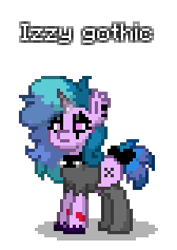 Size: 224x316 | Tagged: safe, artist:dematrix, izzy moonbow, pony, unicorn, mlp fim's twelfth anniversary, pony town, g5, bedroom eyes, female, goth, goth izzy, halloween, holiday, mare, pixel art, simple background, solo, text, transparent background