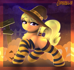 Size: 937x880 | Tagged: safe, artist:llametsul, ms. harshwhinny, earth pony, pony, mlp fim's twelfth anniversary, g4, choker, clothes, cute, fangs, female, halloween, hat, holiday, looking at you, mare, ms. cutewhinny, nightmare night, pumpkin, signature, socks, solo, stockings, striped socks, thigh highs, witch hat