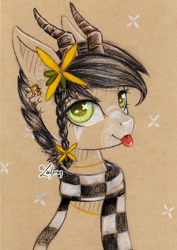 Size: 1024x1444 | Tagged: safe, artist:lailyren, oc, oc only, oc:sound error, earth pony, pony, :p, clothes, ear piercing, earth pony oc, flower, flower in hair, horns, jewelry, piercing, scarf, solo, tongue out, traditional art