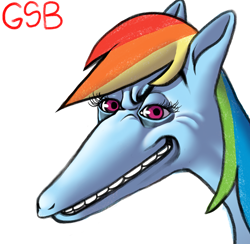 Size: 3072x3000 | Tagged: safe, artist:greatspacebeaver, rainbow dash, pony, g4, faic, female, grin, high res, looking at you, majestic as fuck, simple background, smiling, solo, staring into your soul, wat, white background