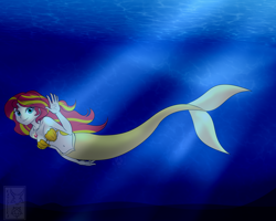 Size: 2500x2000 | Tagged: safe, artist:katsiika, sunset shimmer, human, mermaid, g4, belly button, bra, breasts, commission, female, high res, humanized, mermaidized, seashell bra, solo, species swap, underwater, water, waving