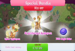 Size: 1267x854 | Tagged: safe, gameloft, applejack, earth pony, pony, robot, robot pony, g4, antennae, applebot, bundle, camera, costs real money, duality, english, female, height difference, magic coins, mare, numbers, roboticization, sale, solo, text, tree