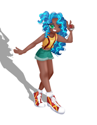 Size: 840x1080 | Tagged: safe, artist:windywendy29, misty brightdawn, human, equestria girls, g4, g5, alternate hairstyle, bare shoulders, clothes, clothes swap, converse, cosplay, costume, cute, dark skin, female, grin, halloween, holiday, humanized, misty (pokémon), mistybetes, namesake, one eye closed, peace sign, poké ball, pokémon, pun, shoes, shorts, simple background, sleeveless, smiling, socks, solo, suspenders, tank top, visual pun, white background, wink