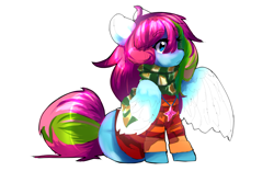 Size: 4000x2500 | Tagged: safe, artist:nova19, oc, oc only, oc:media smile, pegasus, pony, clothes, glowing, glowing ears, glowing wings, pegasus oc, simple background, sitting, solo, white background, wings