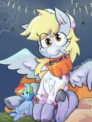 Size: 1152x1527 | Tagged: safe, artist:gay_smilesss, derpy hooves, rainbow dash, pegasus, pony, spider, fanfic:rainbow factory, g4, clothes, costume, fake blood, fanfic art, halloween, halloween costume, holiday, plushie, sitting, trick or treat