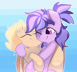 Size: 720x676 | Tagged: safe, artist:angrylittlerodent, oc, oc only, oc:marshmallow love, oc:pudding, bat pony, pony, animated, cuddling, cute, ear piercing, earring, freckles, gif, gradient background, half body, heart, heart eyes, hug, jewelry, nuzzling, one eye open, piercing, ponytail, smiling, snuggling, wingding eyes, winghug, wings
