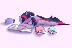 Size: 1500x1000 | Tagged: safe, artist:jen-neigh, twilight sparkle, pony, unicorn, book, female, lying down, mare, simple background, sleeping, solo, that pony sure does love books, unicorn twilight