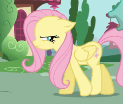 Size: 611x518 | Tagged: safe, screencap, fluttershy, zephyr breeze, pegasus, pony, flutter brutter, g4, season 6, angry, animated, cropped, female, frown, gif, looking back, mare, narrowed eyes, offscreen character, solo focus, walking