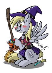 Size: 3508x4961 | Tagged: safe, artist:memprices, derpy hooves, pegasus, pony, mlp fim's twelfth anniversary, g4, absurd resolution, apple, belt, blush sticker, blushing, broom, candy, christmas candy cane, clothes, cross-eyed, cute, derpabetes, food, hat, munching, pumpkin bucket, simple background, sitting, skirt, spread wings, wand, white background, wings, witch costume, witch hat