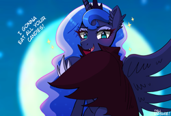 Size: 1920x1305 | Tagged: safe, artist:tsudashie, princess luna, alicorn, pony, undead, vampire, vampony, mlp fim's twelfth anniversary, g4, clothes, fangs, female, halloween, holiday, hoof shoes, jewelry, looking at you, mare, moon, night, open mouth, open smile, robe, smiling, solo, sparkles, spread wings, text, wings