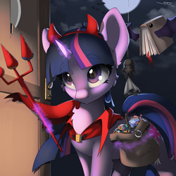 Size: 3000x3000 | Tagged: safe, artist:skitsroom, twilight sparkle, pony, spider, unicorn, bag, book, candy, cape, chloroform, clothes, costume, cuffs, cute, devil horns, eyebrows, eyebrows visible through hair, fake horns, female, food, full moon, glowing, glowing horn, grenade, halloween, halloween costume, horn, horns, knife, magic, magic aura, mare, moon, night, pitchfork, signature, solo, telekinesis, trident, twiabetes