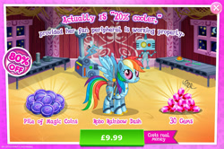 Size: 1958x1300 | Tagged: safe, gameloft, rainbow dash, pegasus, pony, robot, robot pony, g4, 20% cooler, advertisement, antennae, camera, costs real money, english, fan, female, gem, introduction card, magic coins, mare, numbers, pun, rainbot dash, roboticization, sale, solo, spread wings, text, wings