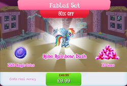 Size: 1268x860 | Tagged: safe, gameloft, rainbow dash, pegasus, pony, robot, robot pony, g4, antennae, bundle, camera, costs real money, english, fabled set, fan, female, gem, magic coins, mare, numbers, rainbot dash, roboticization, sale, solo, spread wings, text, wings