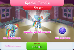 Size: 1270x858 | Tagged: safe, gameloft, rainbow dash, pegasus, pony, robot, robot pony, g4, antennae, bundle, camera, costs real money, duality, english, fan, female, height difference, magic coins, mare, numbers, rainbot dash, roboticization, sale, special bundle, spread wings, text, wings