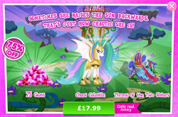 Size: 1958x1296 | Tagged: safe, gameloft, princess celestia, alicorn, pony, g4, my little pony: magic princess, advertisement, armor, bat wings, bush, chaos, costs real money, crown, english, female, gem, helmet, horn, introduction card, jewelry, mare, mobile game, numbers, regalia, sale, solo, spread wings, text, throne, throne room, water, wings