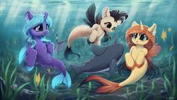 Size: 3570x2008 | Tagged: safe, artist:hitbass, oc, oc only, oc:eleane tih, oc:mayata, oc:sheron, fish, narwhal, pony, seapony (g4), blue eyes, bubble, crepuscular rays, female, fin wings, fins, fish tail, flowing mane, flowing tail, high res, horn, looking at each other, male, notebook, open mouth, pencil, purple eyes, research, seaweed, species swap, sunlight, swimming, tail, trio, underwater, water, wings, yellow eyes