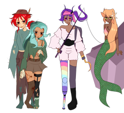 Size: 6912x6300 | Tagged: safe, artist:idkhesoff, oc, oc only, oc:doodles, oc:iris sparkler, oc:oodles, oc:spring mint, human, mermaid, starfish, undead, zombie, absurd resolution, alternate hairstyle, amputee, bandage, bandana, bikini, blood, blushing, boots, bra, bra strap, clothes, corset, costume, denim, elf ears, feather, female, fishing hook, fishing rod, grin, halloween, halloween costume, hat, hay, holiday, hook, hook hand, horn, horned humanization, humanized, humanized oc, jeans, midriff, pants, peg leg, pirate, prosthetic leg, prosthetic limb, prosthetics, ripped stockings, rock, scar, scarecrow, shirt, shoes, shorts, simple background, skirt, smiling, socks, stitches, stockings, straw, swimsuit, thigh highs, torn clothes, torn socks, transparent background, underwear, wall of tags