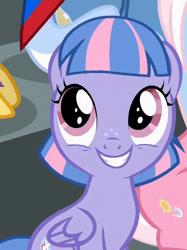 Size: 482x646 | Tagged: safe, screencap, clear sky, quibble pants, wind sprint, pegasus, pony, common ground, animated, cropped, cute, female, filly, foal, freckles, gif, looking up, smiling, solo focus, sprintabetes