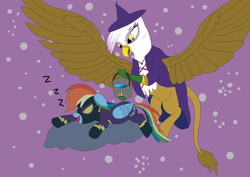 Size: 3508x2480 | Tagged: safe, artist:jack-varus, gilda, rainbow dash, griffon, pegasus, pony, mlp fim's twelfth anniversary, g4, clothes, cloud, costume, female, high res, night, nightmare night, prank, shadowbolt dash, simple background, sleeping