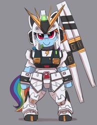 Size: 933x1200 | Tagged: safe, artist:pabbley, rainbow dash, pegasus, pony, g4, bipedal, clothes, cosplay, costume, female, funels, gray background, gundam, mare, nu gundam, rx-93 v gundam, simple background, smiling, solo