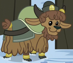 Size: 380x328 | Tagged: safe, screencap, yuffie, yak, g4, party pooped, calf, cloven hooves, cropped, dot eyes, female, hat, horns, looking at you, short tail, snow, solo, tail, yak calf