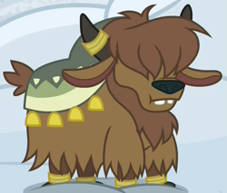 Size: 715x610 | Tagged: safe, screencap, yanek, yak, g4, not asking for trouble, calf, cropped, hair over eyes, horns, male, short tail, snow, solo, tail, teeth, yak calf