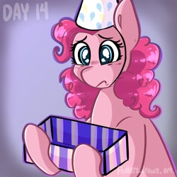 Size: 1080x1080 | Tagged: safe, artist:flutterpawss, pinkie pie, earth pony, pony, g4, eyelashes, female, frown, hat, inktober 2022, mare, party hat, present, sad, solo