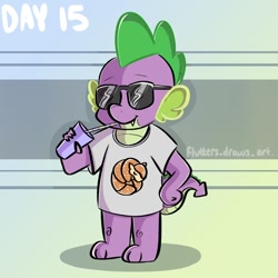 Size: 1080x1080 | Tagged: safe, artist:flutterpawss, spike, dragon, g4, abstract background, clothes, drinking, glasses, inktober 2022, male, shirt, solo, sunglasses