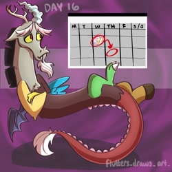 Size: 1080x1080 | Tagged: safe, artist:flutterpawss, discord, fluttershy, draconequus, g4, 2022, abstract background, arrow, calendar, circle, crossed arms, implied fluttershy, inktober 2022, levitation, magic, male, signature, solo, telekinesis, thursday, waiting