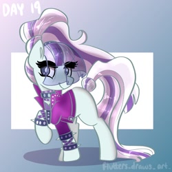 Size: 1080x1080 | Tagged: safe, artist:flutterpawss, coloratura, earth pony, pony, g4, abstract background, choker, clothes, female, inktober 2022, mare, raised hoof, solo, spiked choker, spiked wristband, veil, wristband