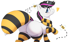 Size: 2066x1200 | Tagged: safe, artist:ahobobo, oc, oc only, oc:quick strike, bee, insect, pony, unicorn, butt, clothes, costume, female, floating heart, heart, mare, plot, simple background, smiling, socks, solo, striped socks, white background