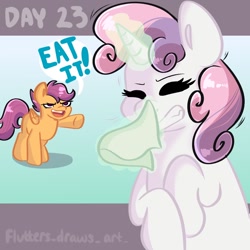 Size: 1080x1080 | Tagged: safe, artist:flutterpawss, scootaloo, sweetie belle, pegasus, pony, unicorn, g4, duo, female, filly, foal, glowing, glowing horn, handkerchief, horn, inktober 2022, magic, nose blowing, pointing, raised hoof, sneezing, telekinesis, tissue, wings