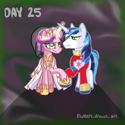 Size: 1080x1080 | Tagged: safe, artist:flutterpawss, princess cadance, queen chrysalis, shining armor, alicorn, pony, unicorn, a canterlot wedding, g4, bad end, brainwashing, clothes, disguise, disguised changeling, dress, duo, eyelashes, female, glowing, glowing horn, holding hooves, hoof shoes, horn, hypnosis, hypnotized, implied queen chrysalis, inktober 2022, male, mare, smiling, stallion, wedding dress