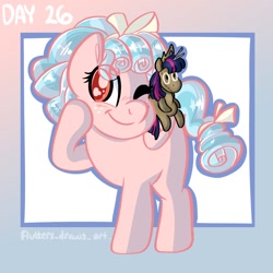 Size: 1080x1080 | Tagged: safe, artist:flutterpawss, cozy glow, pegasus, pony, g4, abstract background, female, filly, foal, freckles, inktober 2022, one eye closed, plushie, smiling, solo, toy, wings, wink