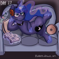Size: 1080x1080 | Tagged: safe, artist:flutterpawss, princess luna, alicorn, pony, gamer luna, g4, bottle, controller, couch, female, glowing, glowing horn, headset, hoof shoes, horn, inktober 2022, magic, mare, mountain dew, peytral, smiling, solo, telekinesis