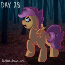 Size: 1080x1080 | Tagged: safe, artist:flutterpawss, scootaloo, pegasus, pony, g4, butt, eyelashes, female, filly, floppy ears, foal, forest, inktober 2022, plot, raised hoof, scared, solo, wings