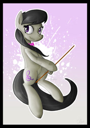 Size: 1024x1449 | Tagged: safe, artist:sketchypon3, octavia melody, earth pony, pony, g4, bow (instrument), deviantart watermark, female, mare, obtrusive watermark, smiling, solo, watermark