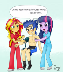 Size: 2173x2477 | Tagged: safe, artist:bageloftime, flash sentry, sunset shimmer, twilight sparkle, human, equestria girls, g4, blushing, checkup, clothes, commission, female, high res, male, nurse, nurse shimmer, partial nudity, scrubs (gear), shorts, speech bubble, sphygmomanometer, stethoscope, topless, trio