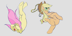 Size: 1366x685 | Tagged: safe, artist:mrabrickwall, applejack, fluttershy, pegasus, pony, g4, applejack's hat, backbend, cowboy hat, duo, falling, female, hat, mare, mouth hold, rope