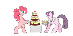Size: 1366x685 | Tagged: safe, artist:mrabrickwall, pinkie pie, sugar belle, earth pony, pony, unicorn, g4, bipedal, cake, cupcake, duo, female, food, mare, simple background, white background