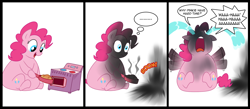 Size: 1700x743 | Tagged: safe, artist:diablo2000, pinkie pie, earth pony, pony, g4, burnt, crying, epic fail, explosion, fail, fat, obese, ocular gushers, oven, piggy pie, pudgy pie