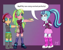 Size: 2444x1960 | Tagged: safe, artist:bageloftime, lemon zest, scootaloo, sonata dusk, human, equestria girls, g4, commission, female, food, headphones, hypnosis, hypnotized, speech bubble, swirly eyes, taco, takeout, trio, zombie walk