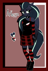 Size: 826x1213 | Tagged: safe, artist:luxsimx, oc, oc only, oc:arkessa, pegasus, anthro, choker, clothes, fangs, female, shoes, socks, solo, striped socks, thigh highs, wings