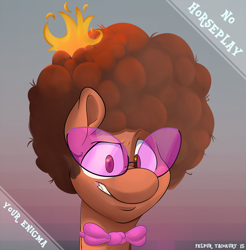 Size: 1024x1041 | Tagged: safe, artist:omnifelpur, oc, earth pony, pony, abstract background, afro, bowtie, bust, earth pony oc, female, fire, male, mare, solo, stallion, sunglasses