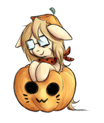 Size: 1490x1748 | Tagged: safe, artist:coco-drillo, oc, oc:cocodrillo, earth pony, pony, :3, clothes, commission, floppy ears, glasses, hat, looking at you, messy mane, pumpkin, scar, scarf, simple background, smiling, solo, white background, ych example, your character here