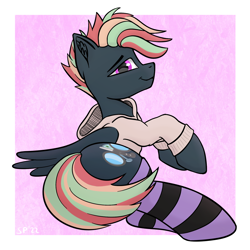 Size: 1544x1544 | Tagged: safe, artist:single purpose, oc, oc only, oc:treading step, pegasus, pony, clothes, hoodie, looking at you, socks, solo, strategically covered, striped socks