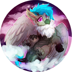 Size: 851x848 | Tagged: safe, artist:tiothebeetle, oc, oc only, oc:fluffy (the griffon), dragon, griffon, hybrid, avatar, cloud, dragoness, female, paw pads, paws, smiling, solo, spread wings, sunset, toe beans, underpaw, wings